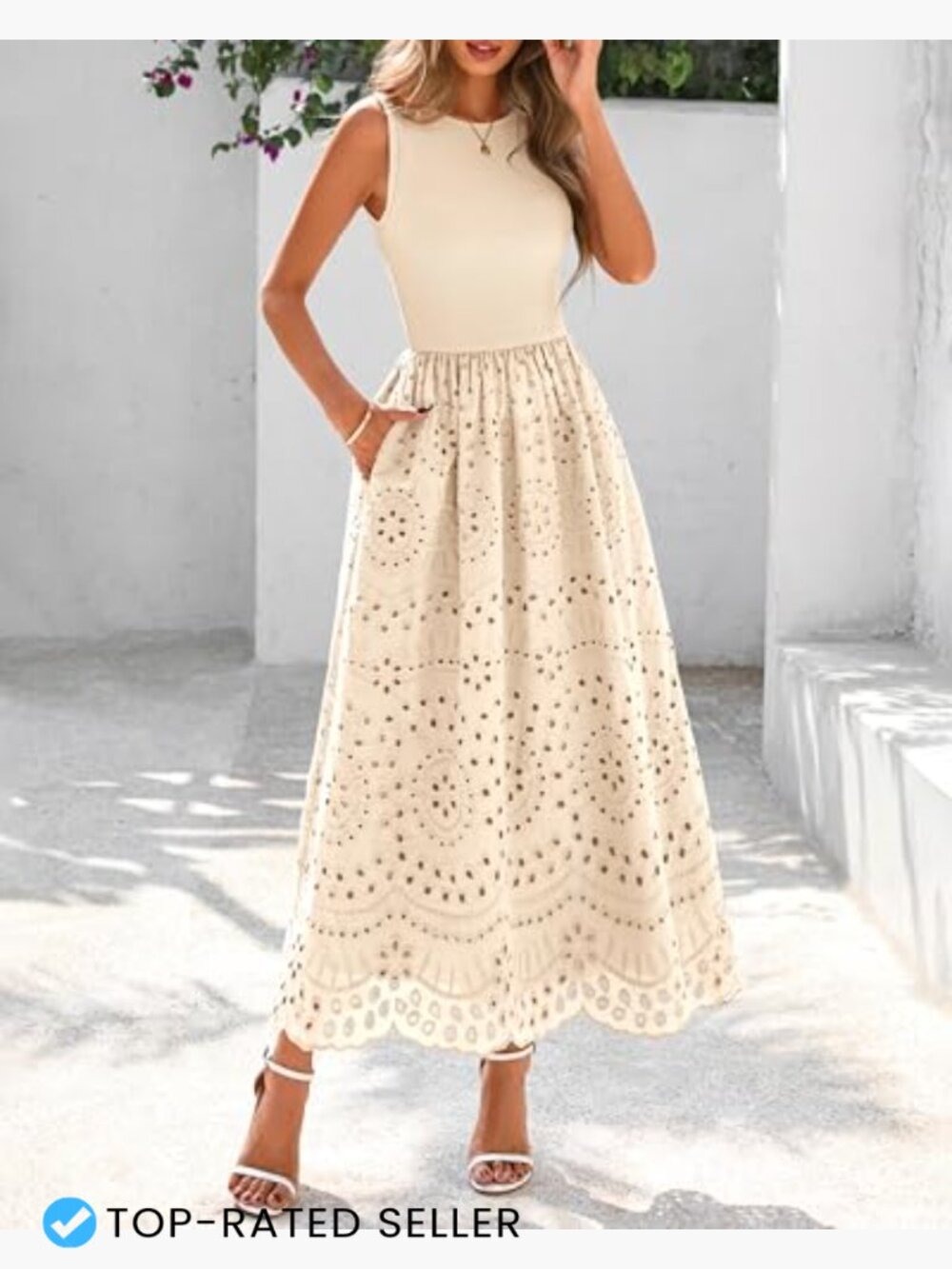 Sleeveless Lace Eyelet Cotton Maxi Dress A-Line Boho Casual with Pockets - Picture 2 of 7
